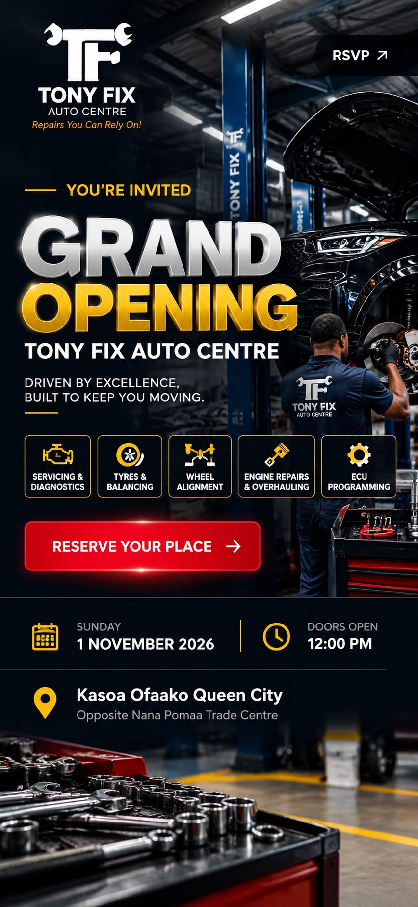 Tony Fix Auto Centre grand opening invitation flyer with the date, time and location